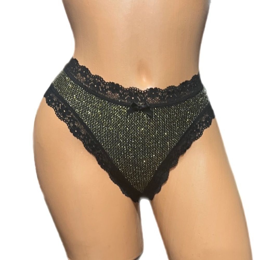 Victoria's Secret Sexy Metallic Lace Thong panty Black Gold